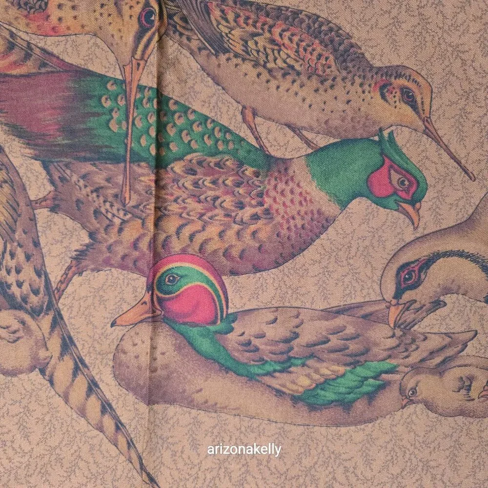 Large Silk Scarf Tan With Game Birds Made in Italy